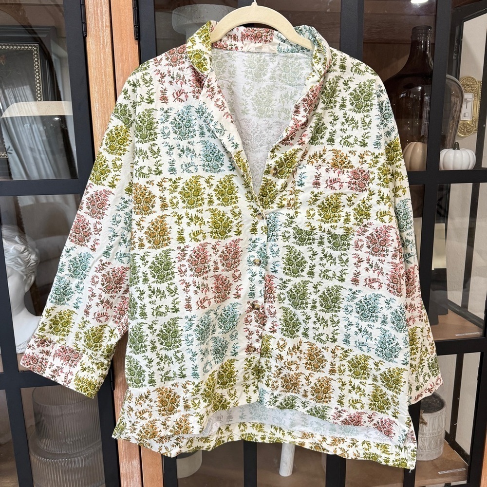 Parterre Block Print Heidi Top Button Down Shirt Pajamas Paisley Long Sleeves — image 2 of 8